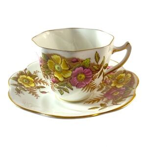 Vintage Rosina Bone China Teacup & Saucer Yellow Pink Roses Gold Trim England